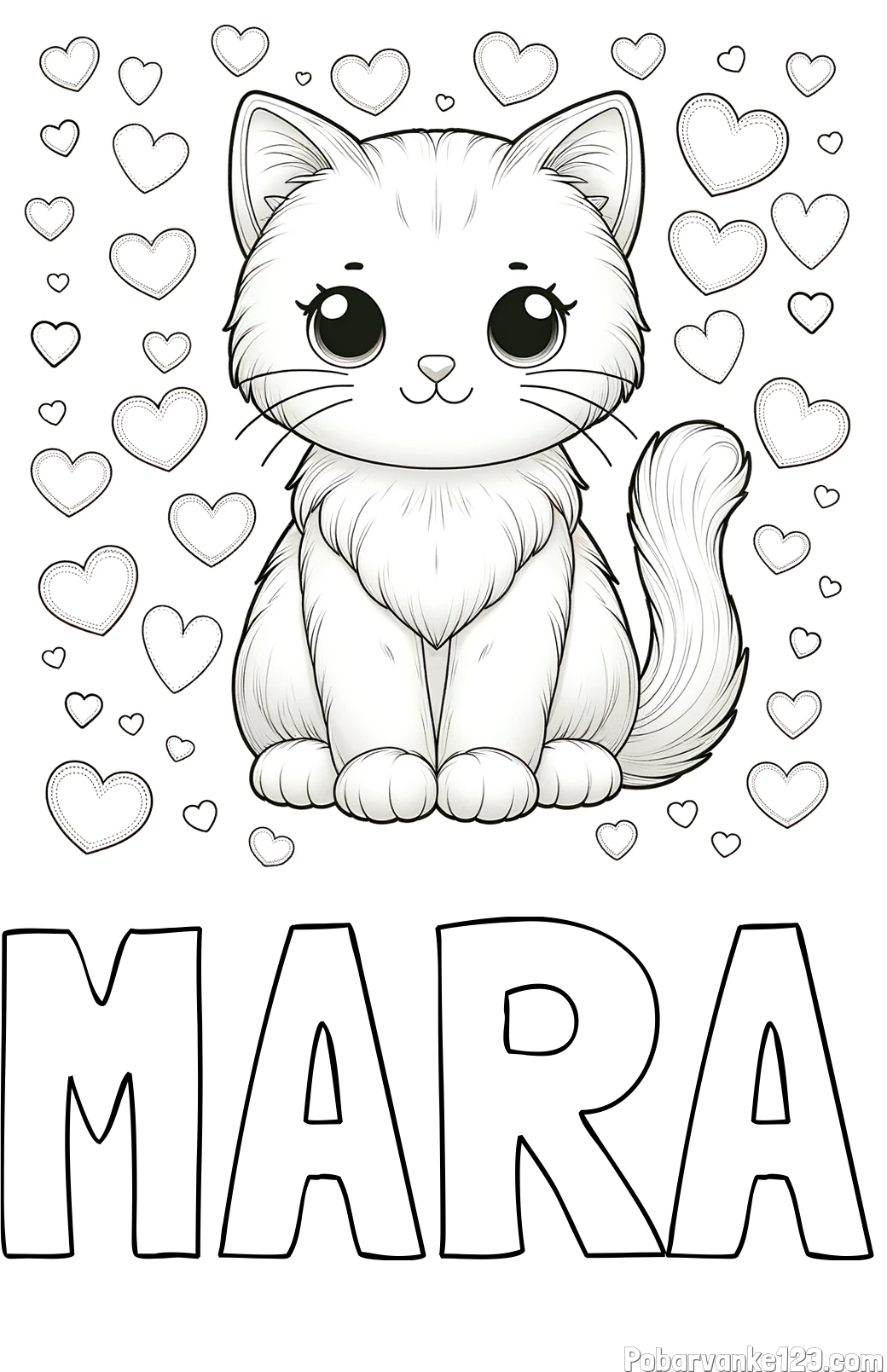 Pobarvanka imena MARA in pobarvanka ljubke mucke obdane s srčki