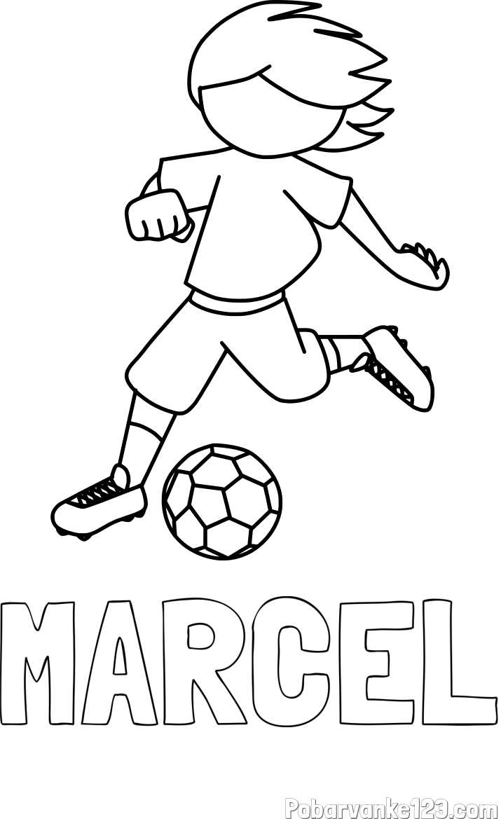 Pobarvanka imena MARCEL in otroška pobarvanka preprosto ilustriranega nogometaša