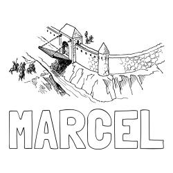 Online izdelana pobarvanka - Pobarvanka imena MARCEL in pobarvanka grajskega obzidja z grajskim mostom