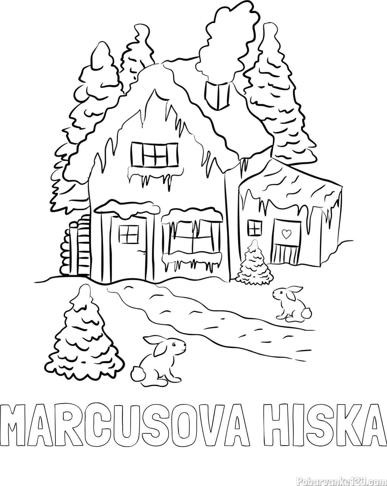 Pobarvanka imena MARCUSOVA HIŠKA in pobarvanka zasnežene hiše