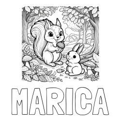 Online izdelana pobarvanka - Pobarvanka imena MARICA in pobarvanka veveričke in zajčka v gozdu