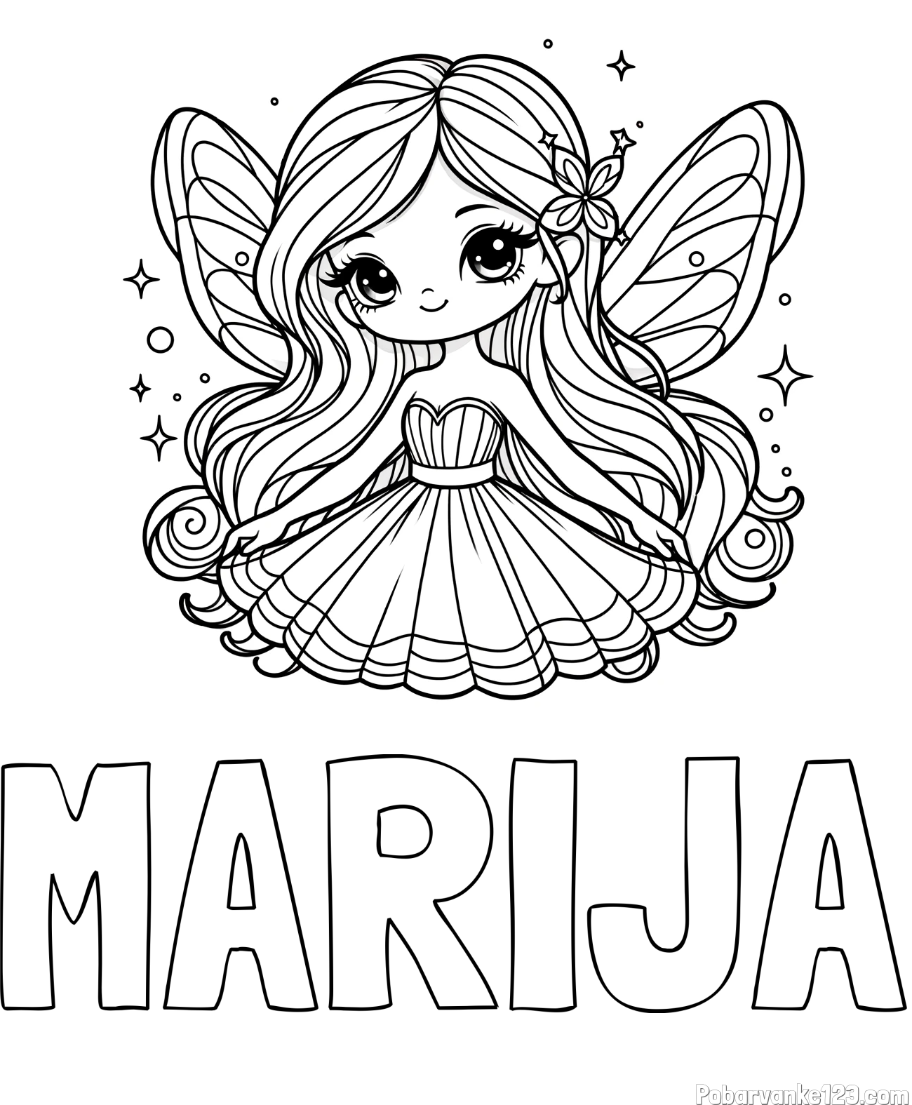 Pobarvanka imena MARIJA in pobarvanka ljubke in nasmejane čarobne vile