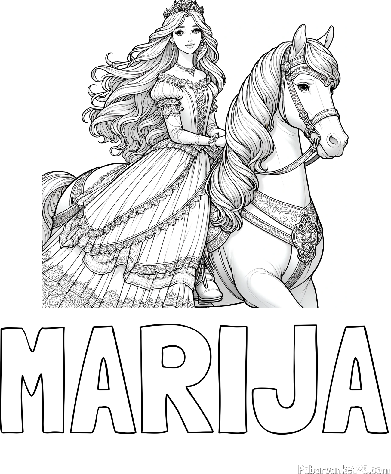 Pobarvanka imena MARIJA in pobarvanka nasmejana princese na konju