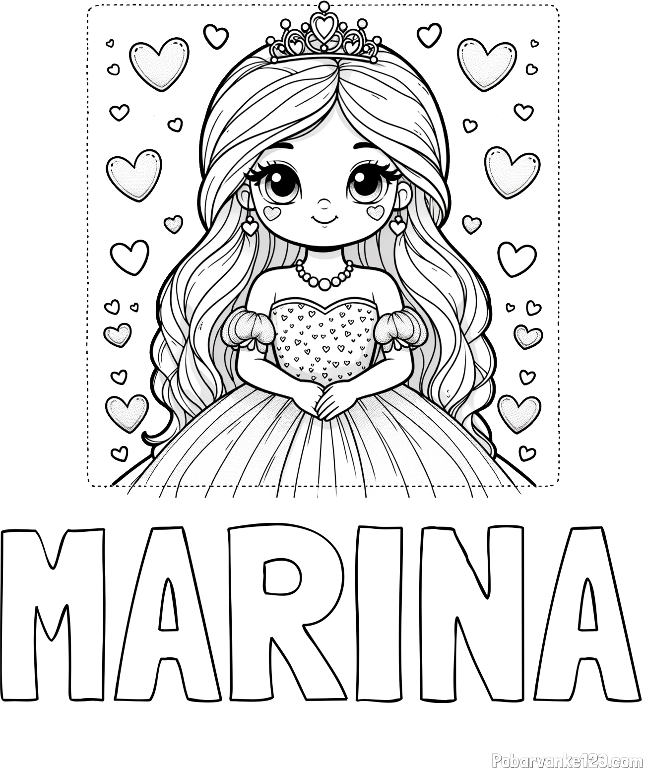 Pobarvanka imena MARINA in pobarvanka ljubke princese obdane s srčki