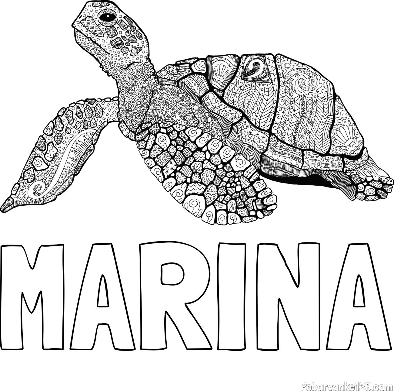 Pobarvanka imena MARINA in pobarvanka velike želve - mandale