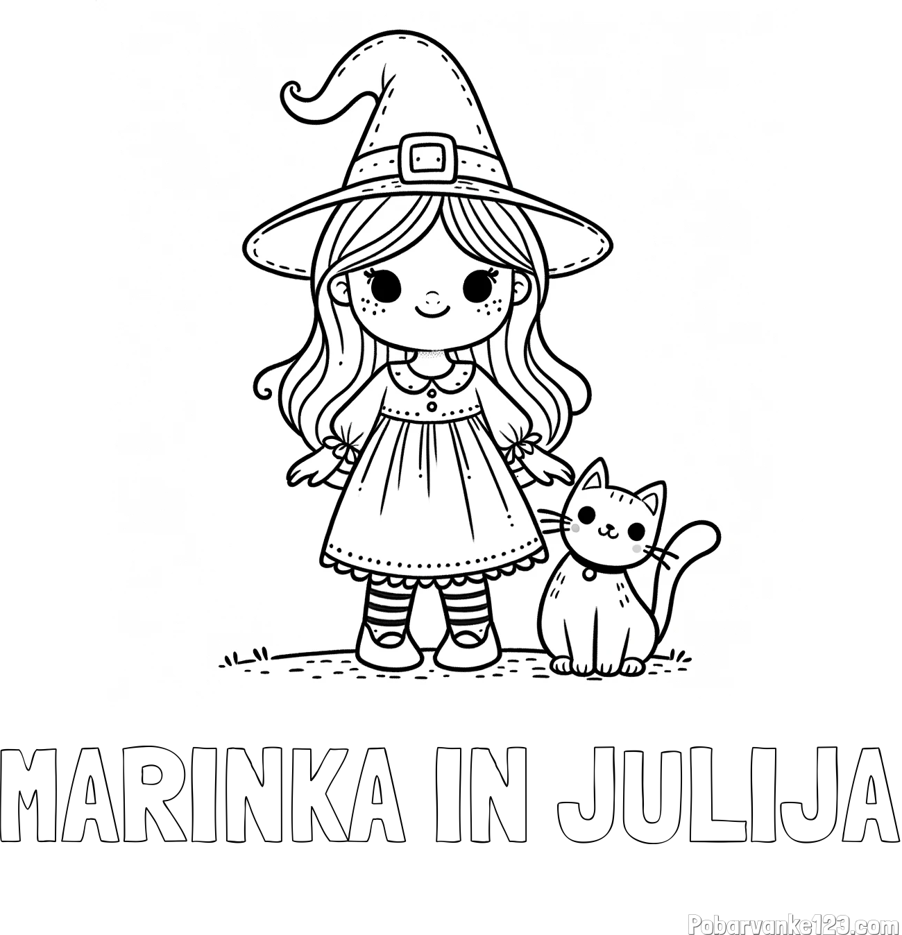 Pobarvanka imena MARINKA IN JULIJA in Čudovita pobarvanka ljubke čarovnice in nasmejane mačke
