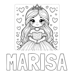 Online izdelana pobarvanka - Pobarvanka imena MARISA in pobarvanka ljubke princese obdane s srčki
