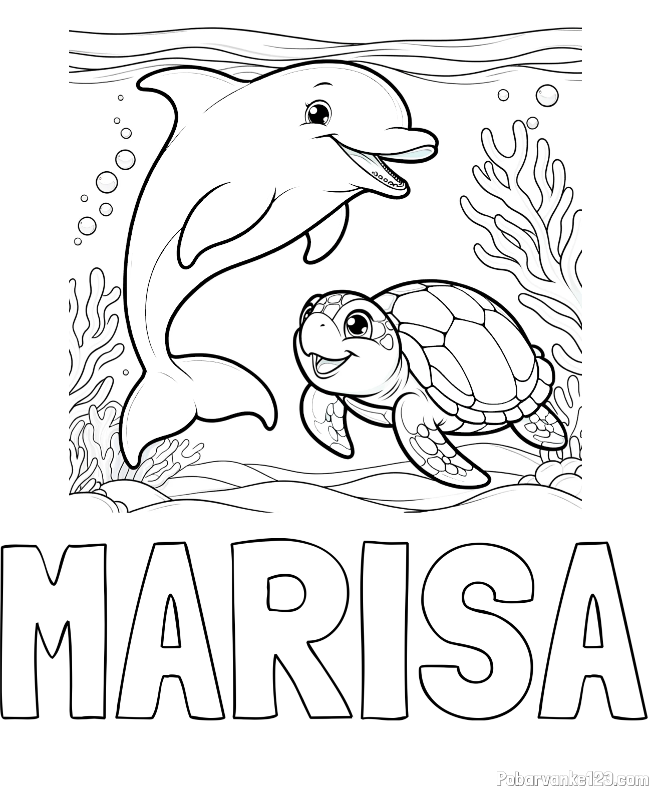 Pobarvanka imena MARISA in pobarvanka ljubkega delfina z želvo v morju
