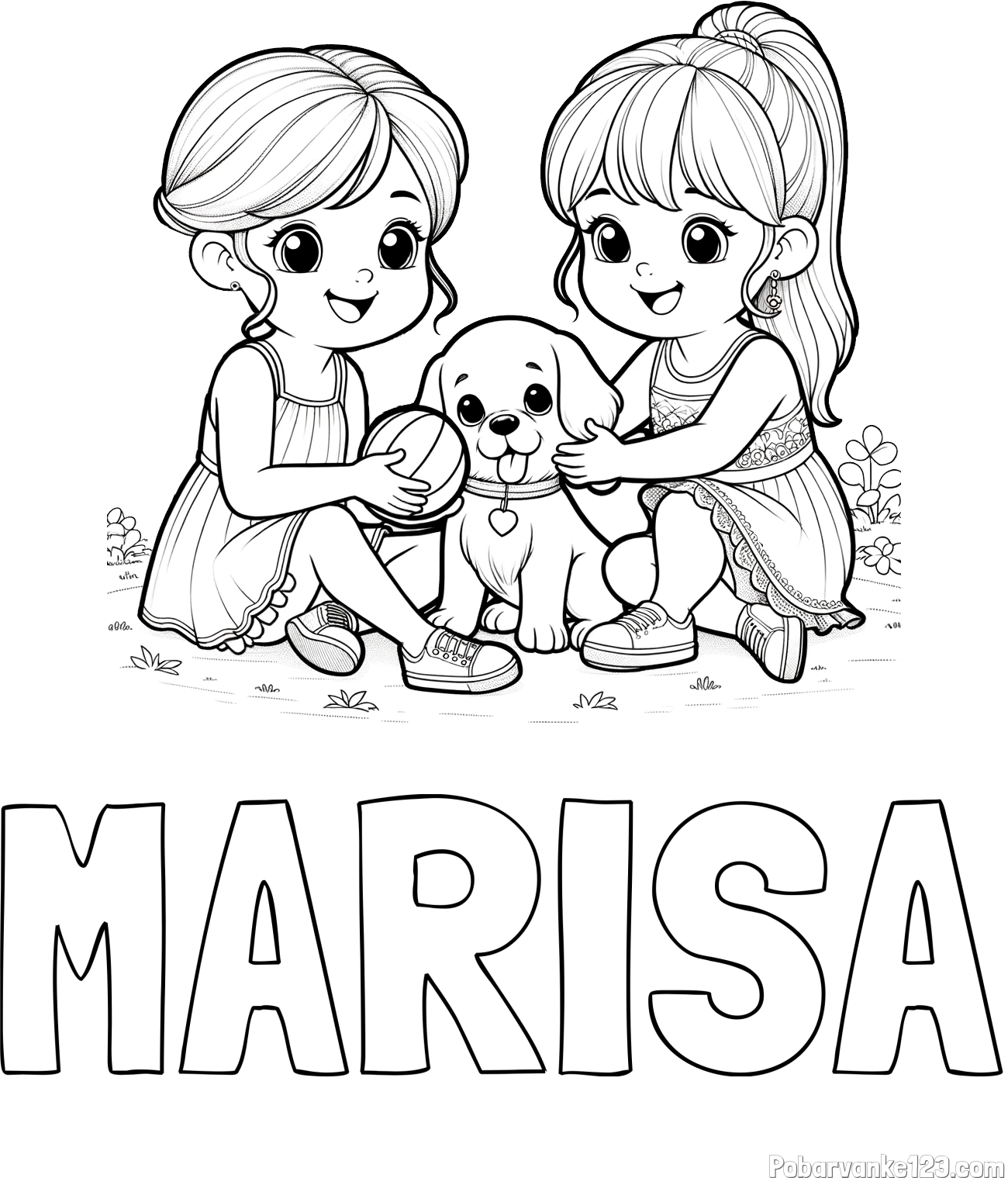 Pobarvanka imena MARISA in pobarvanka prijateljic s kužkom