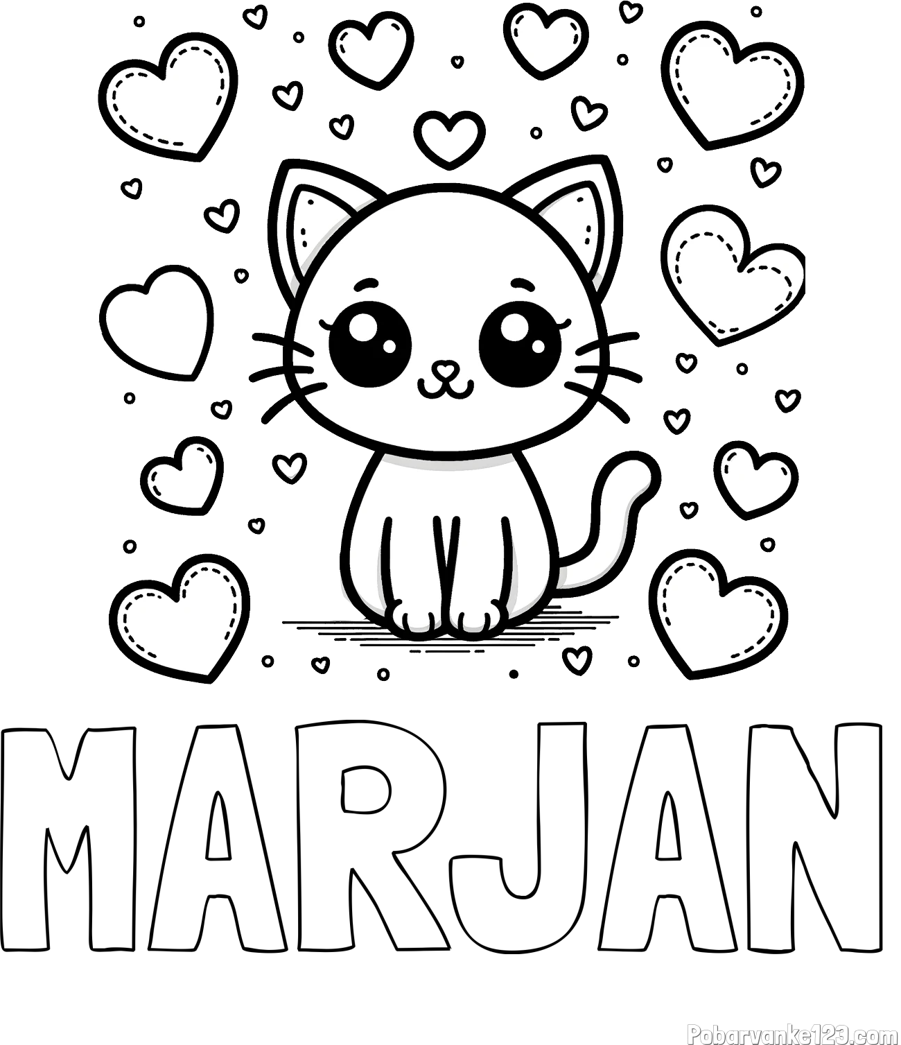 Pobarvanka imena MARJAN in pobarvanka ljubke mucke obdane z veliko srčki