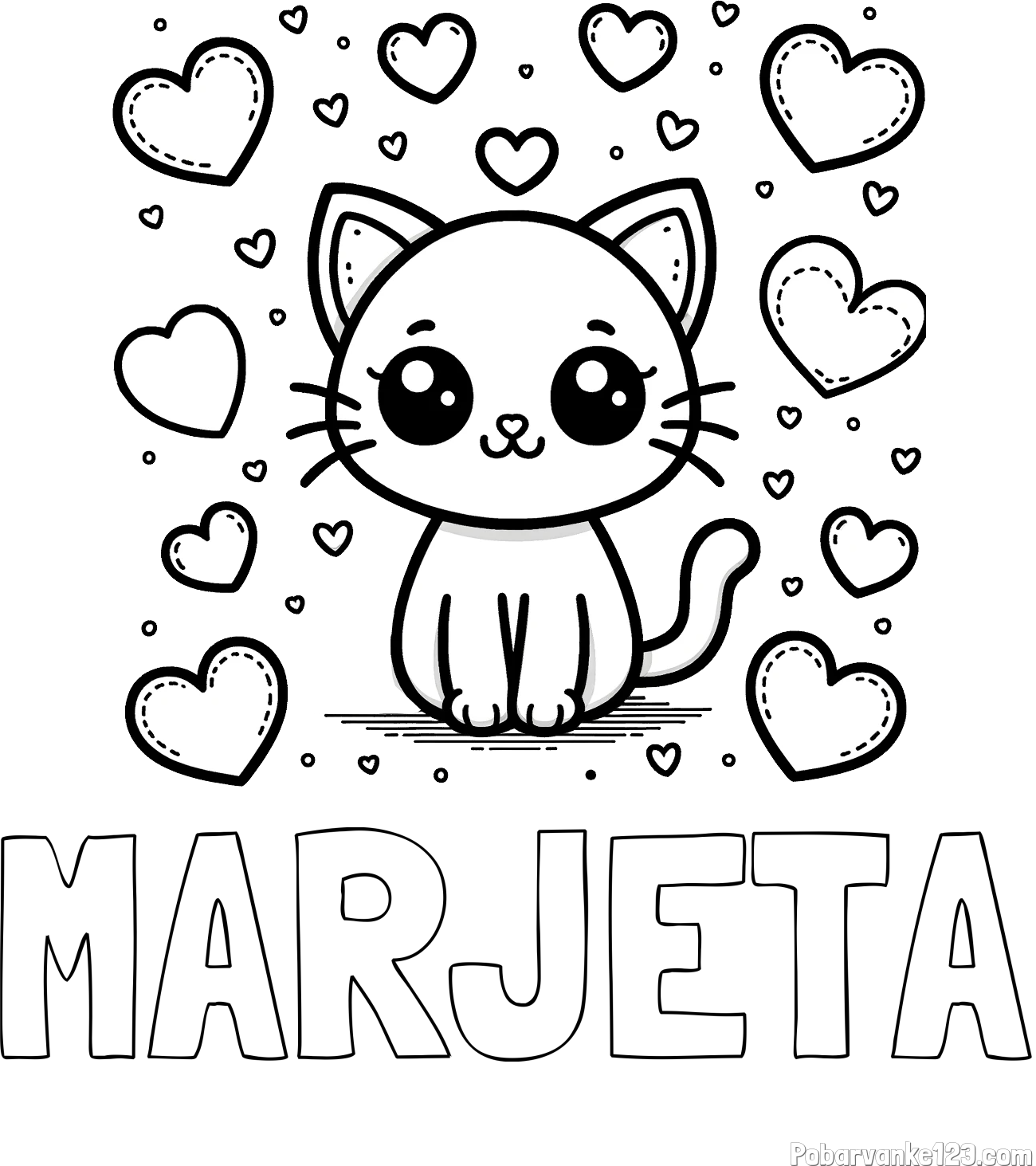 Pobarvanka imena MARJETA in pobarvanka ljubke mucke obdane z veliko srčki