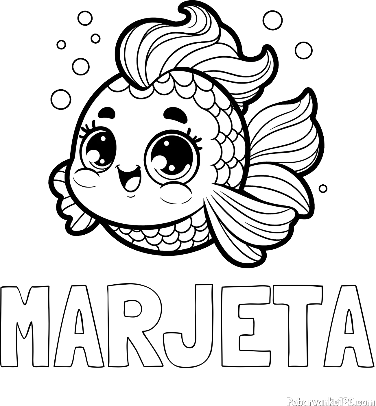 Pobarvanka imena MARJETA in pobarvanka ljubke pravljične ribe