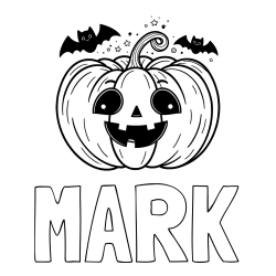 Pobarvanka imena MARK in pobarvanka nasmejane buče ter dveh netopirjev za noč čarovnic