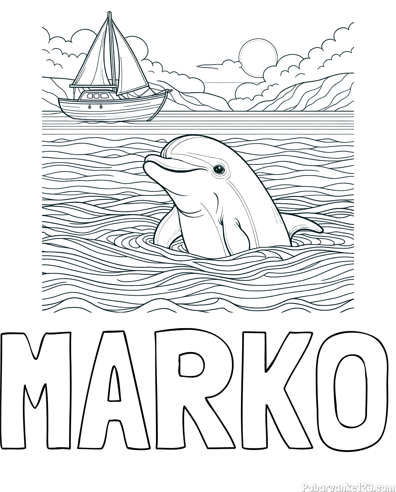 Pobarvanka imena MARKO in pobarvanka delfina v morju ter jadrnice