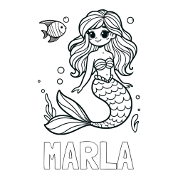 Online izdelana pobarvanka - Pobarvanka imena MARLA in pobarvanka male morske deklice in ribice
