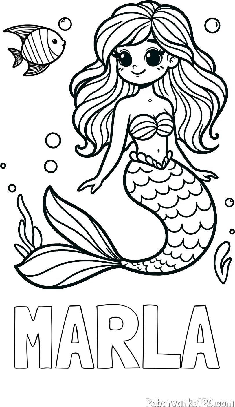Pobarvanka imena MARLA in pobarvanka male morske deklice in ribice