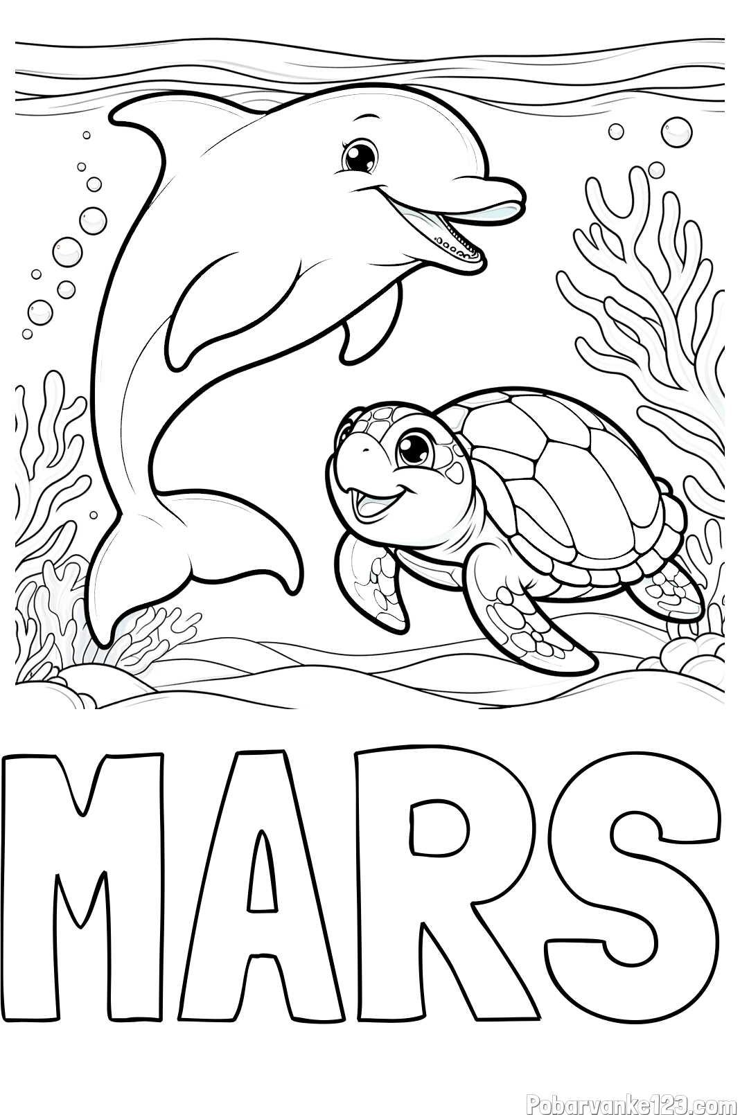 Pobarvanka imena MARS in pobarvanka ljubkega delfina z želvo v morju