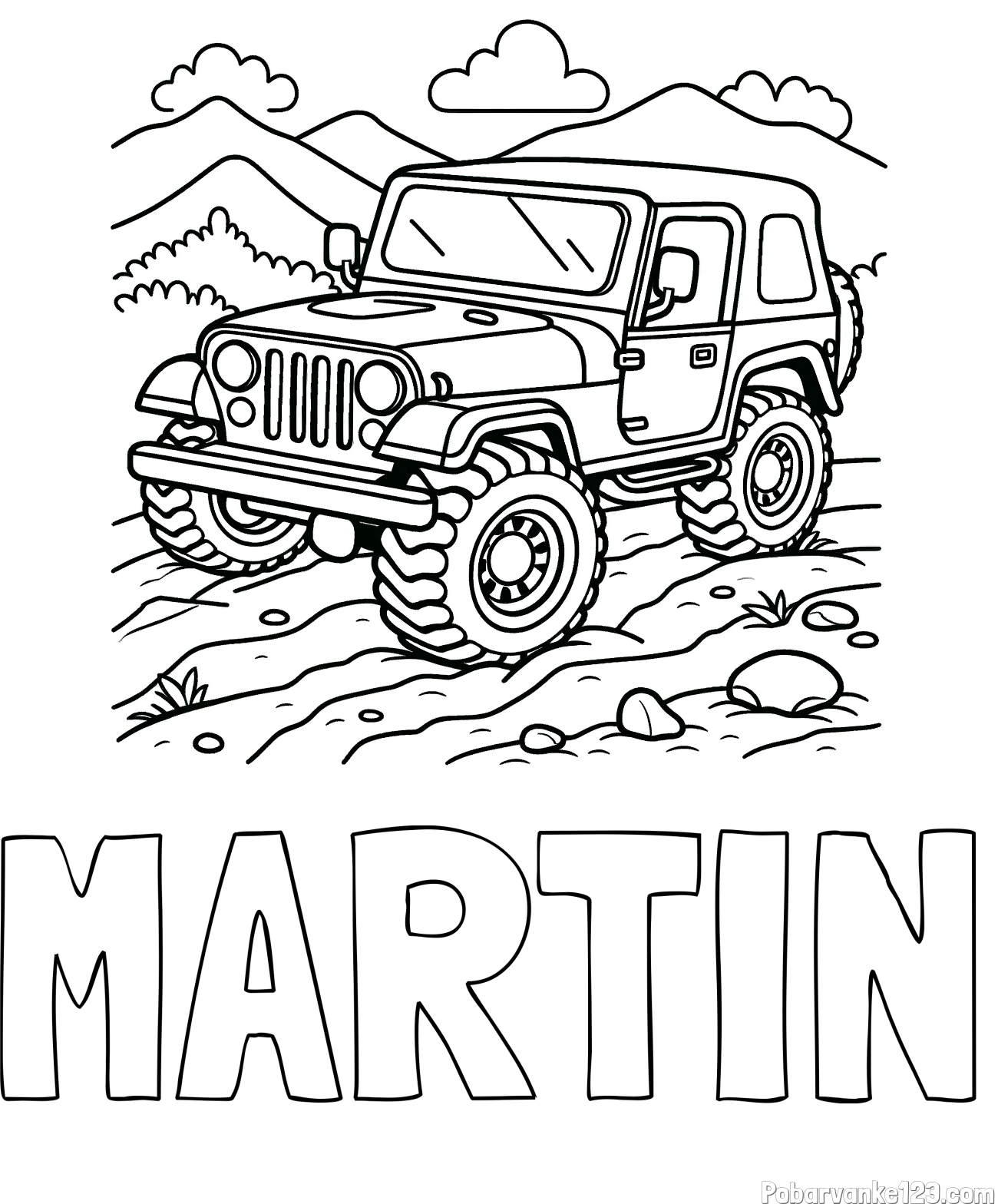 Pobarvanka imena MARTIN in pobarvanka džipa na terenu
