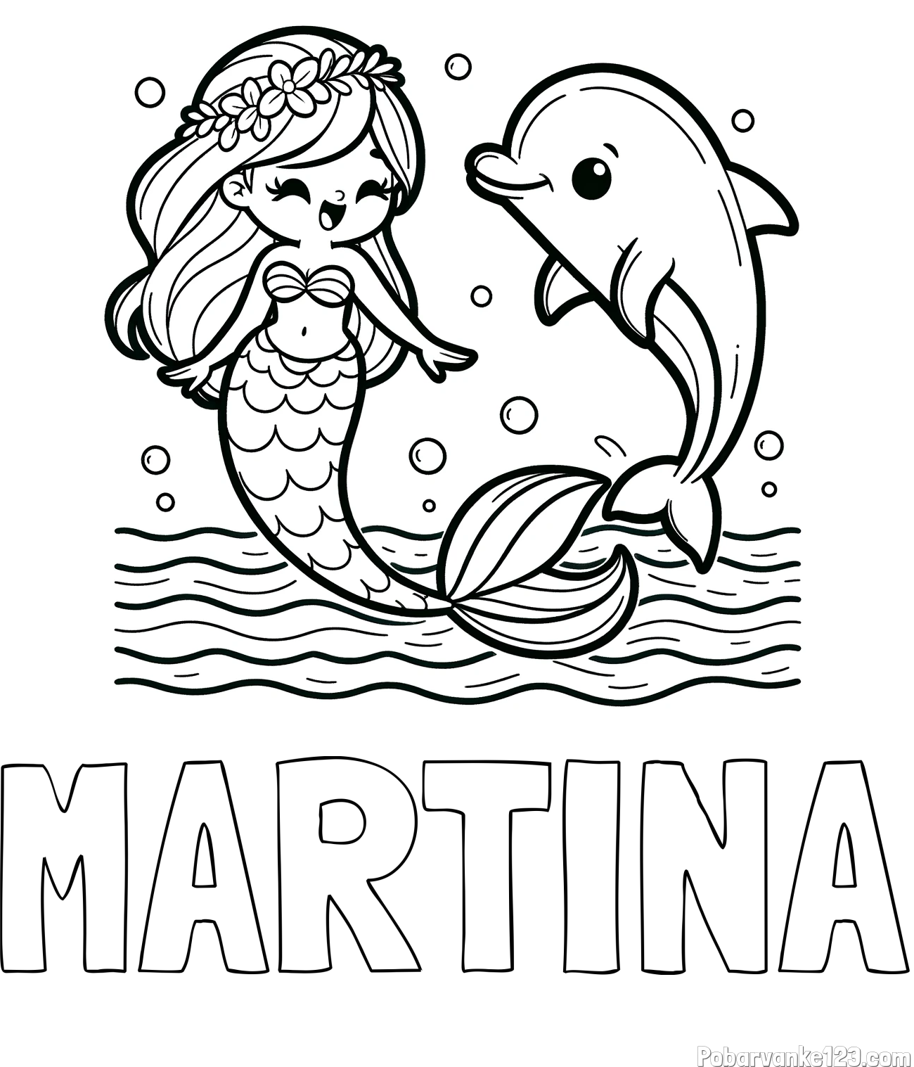 Pobarvanka imena MARTINA in pobarvanka ljubke morske deklice, ki pleše z delfinom