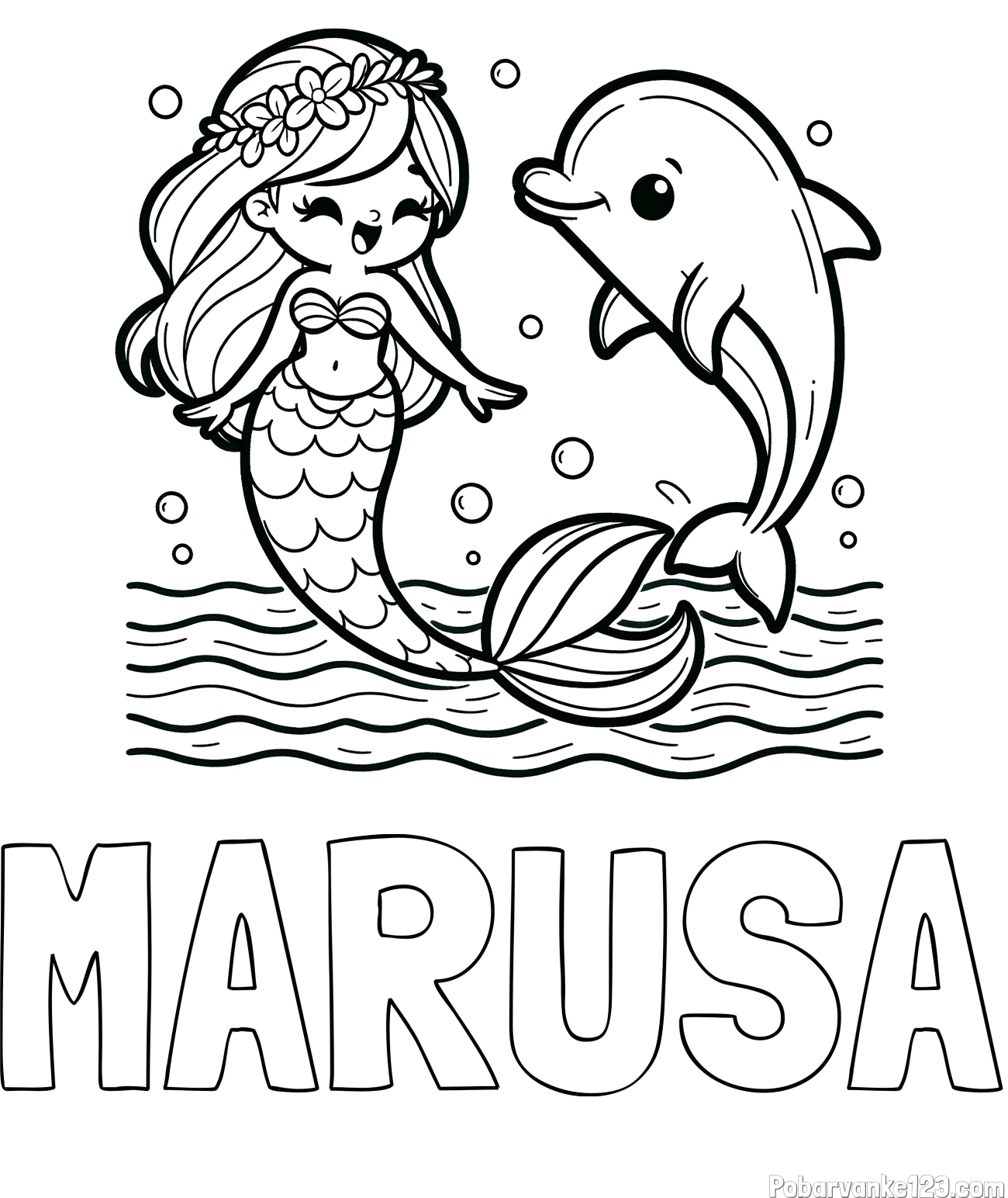 Pobarvanka imena MARUŠA in pobarvanka ljubke morske deklice, ki pleše z delfinom