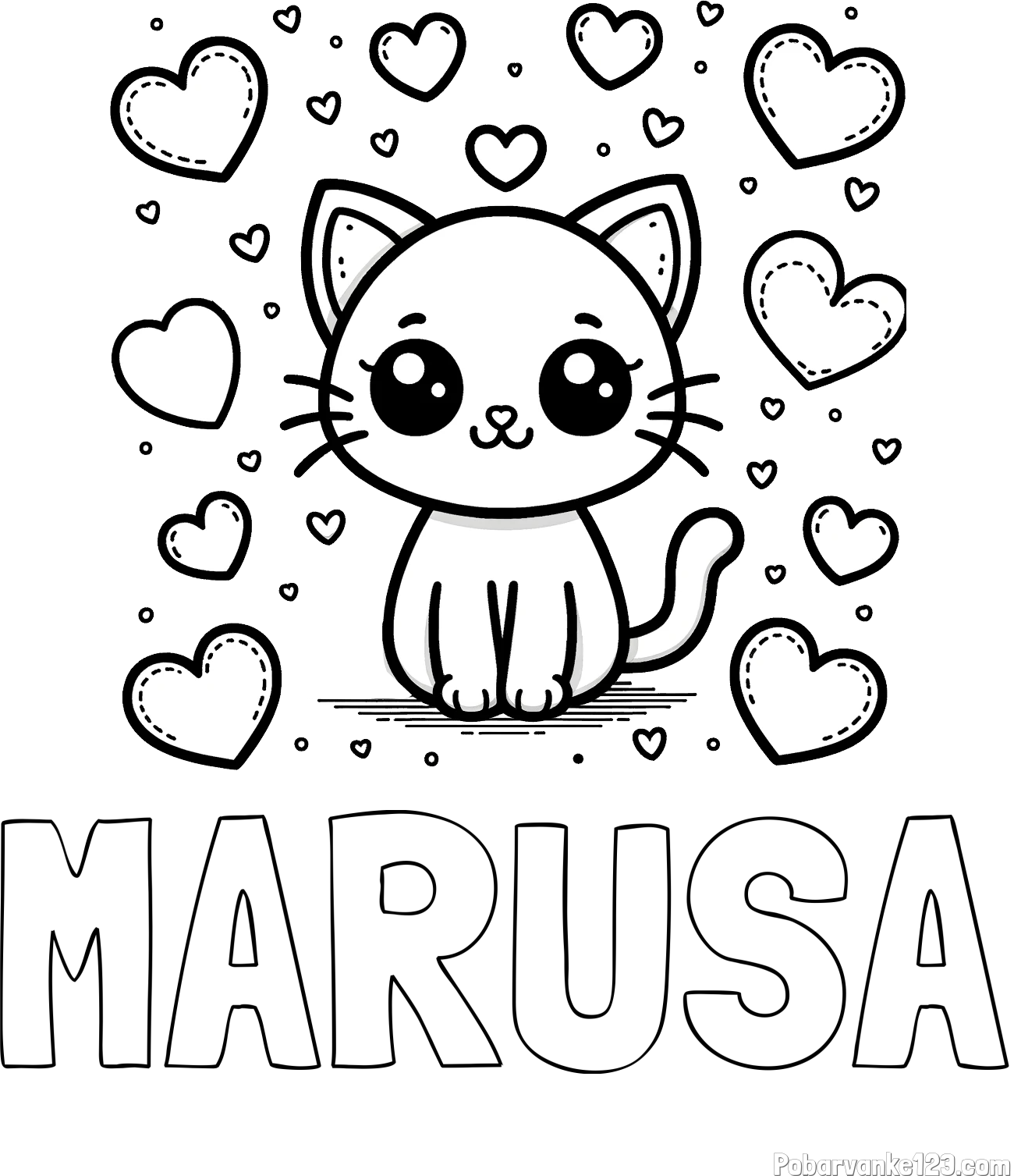 Pobarvanka imena MARUŠA in pobarvanka ljubke mucke obdane z veliko srčki