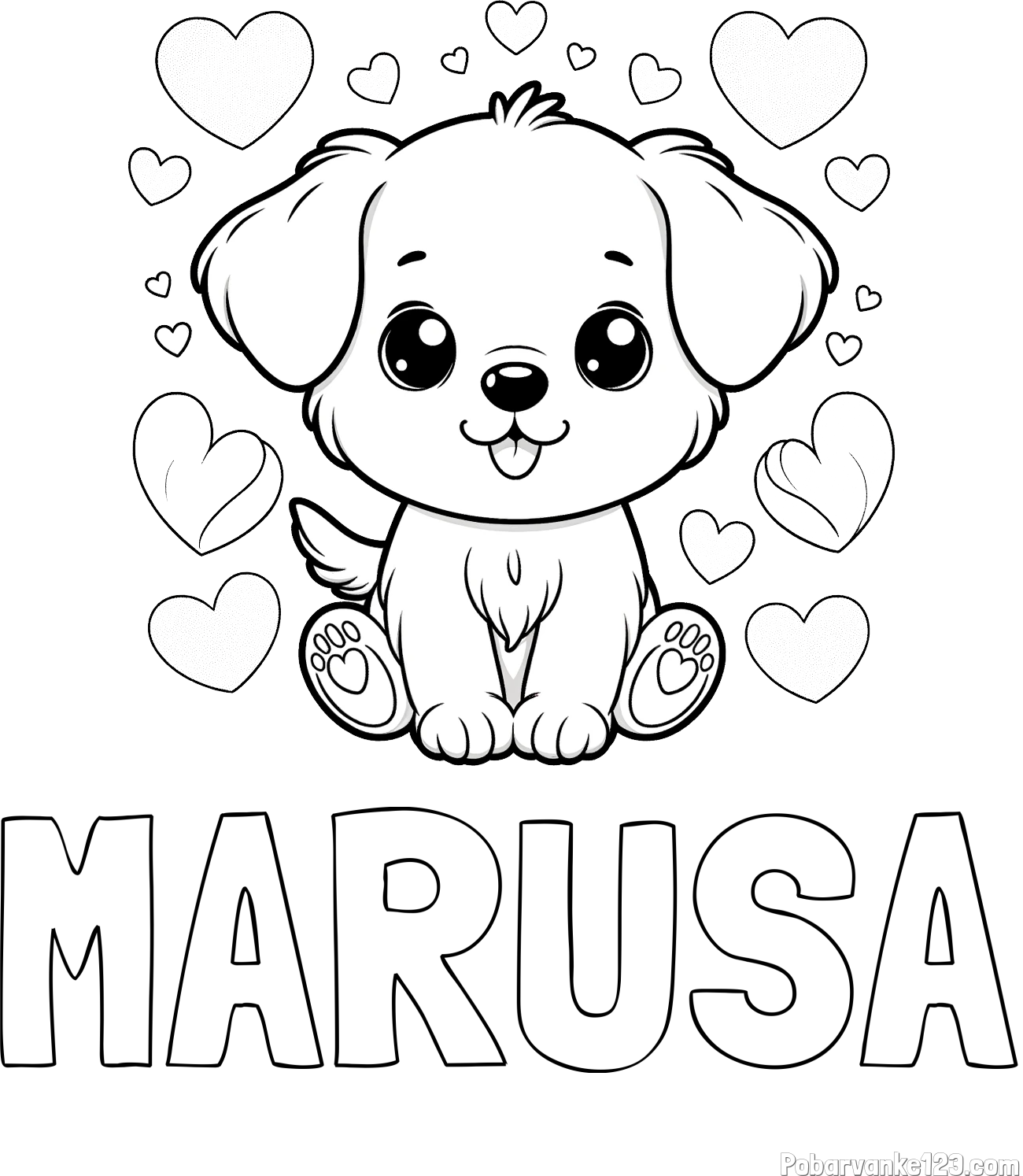 Pobarvanka imena MARUŠA in pobarvanka ljubkega kužka obdanega s srčki