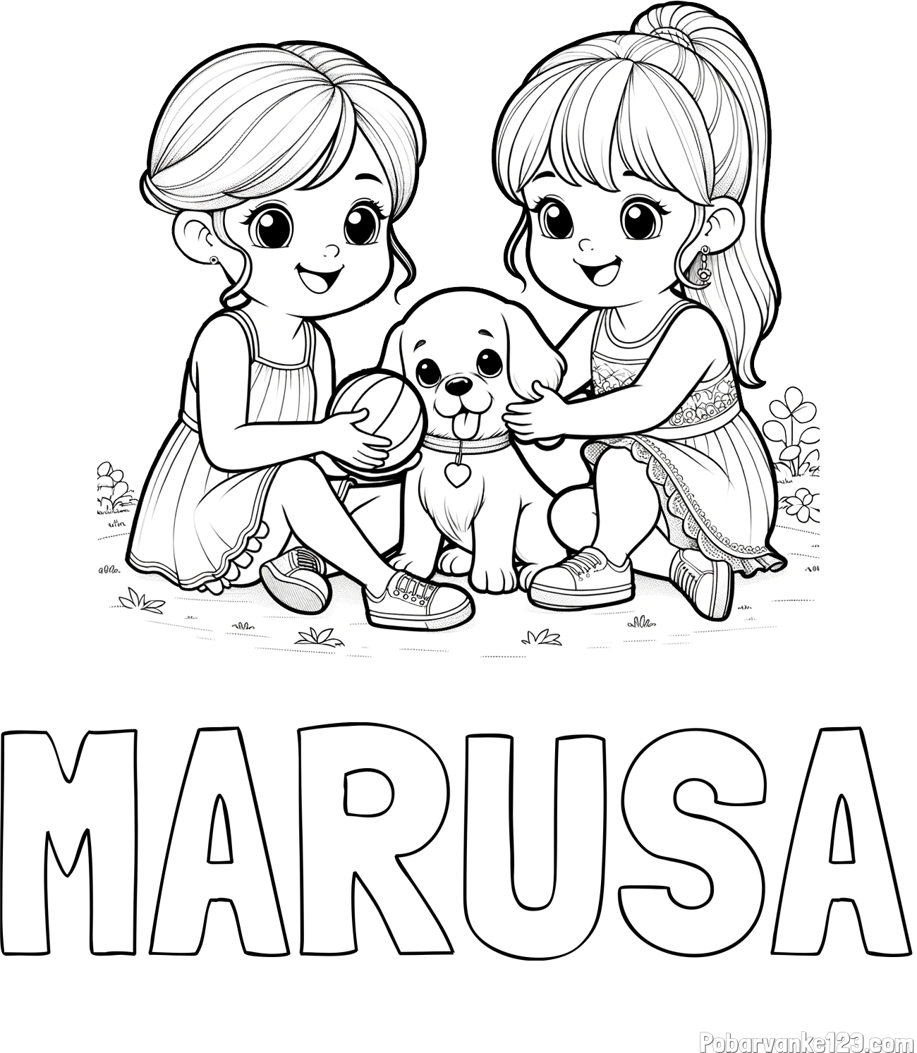 Pobarvanka imena MARUŠA in pobarvanka prijateljic s kužkom