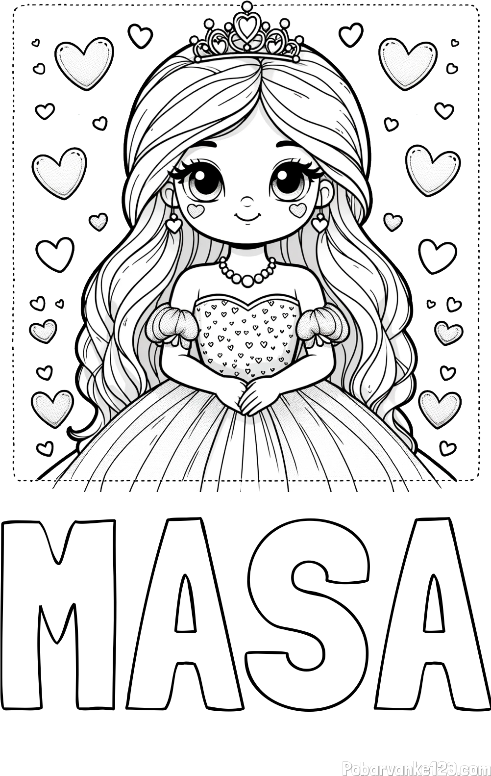 Pobarvanka imena MAŠA in pobarvanka ljubke princese obdane s srčki