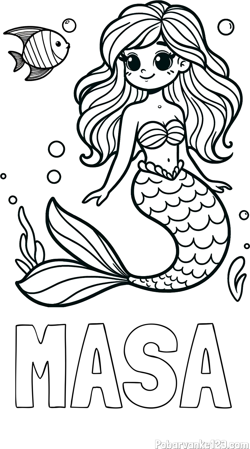 Pobarvanka imena MAŠA in pobarvanka male morske deklice in ribice