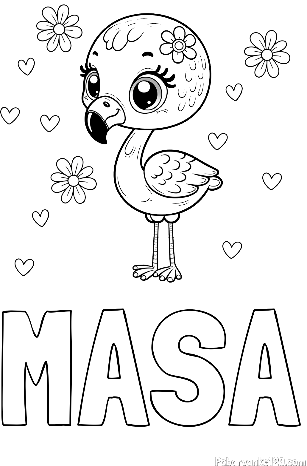 Pobarvanka imena MAŠA in pobarvanka mladička flaminga z rožicami in srčki