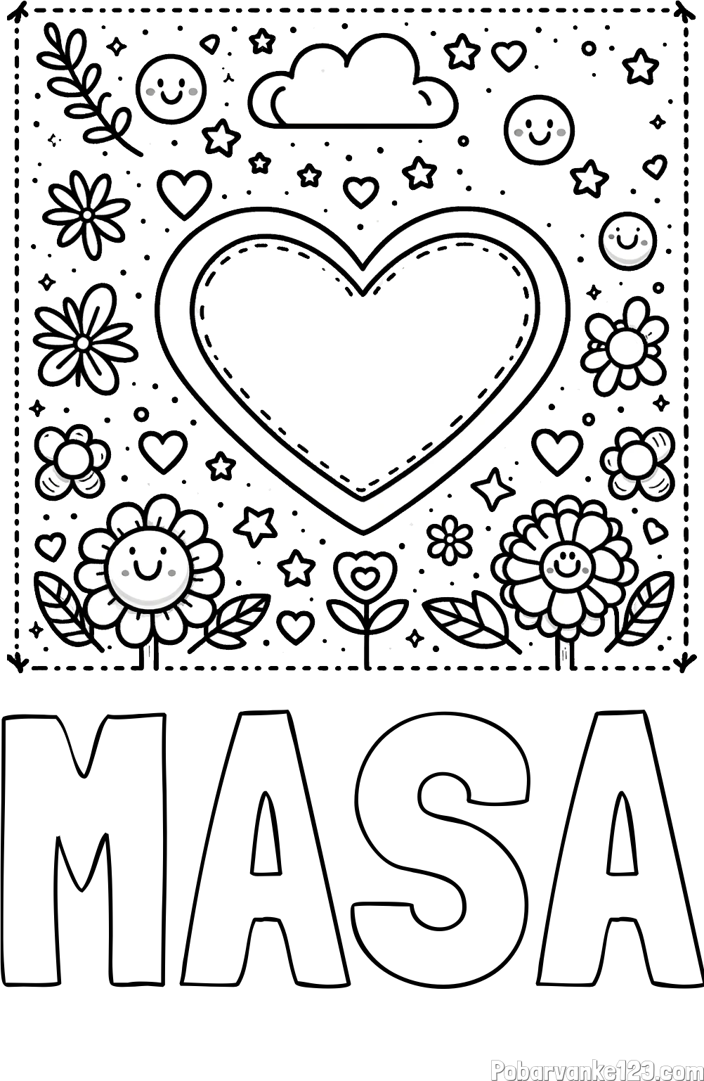 Pobarvanka imena MAŠA in pobarvanka srčka ter rožic
