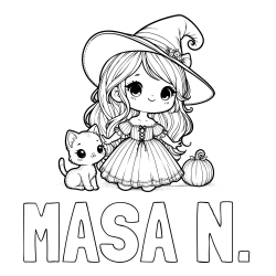 Online izdelana pobarvanka - Pobarvanka imena MAŠA N. in pobarvanka ljubke čarovnice, muce in buče