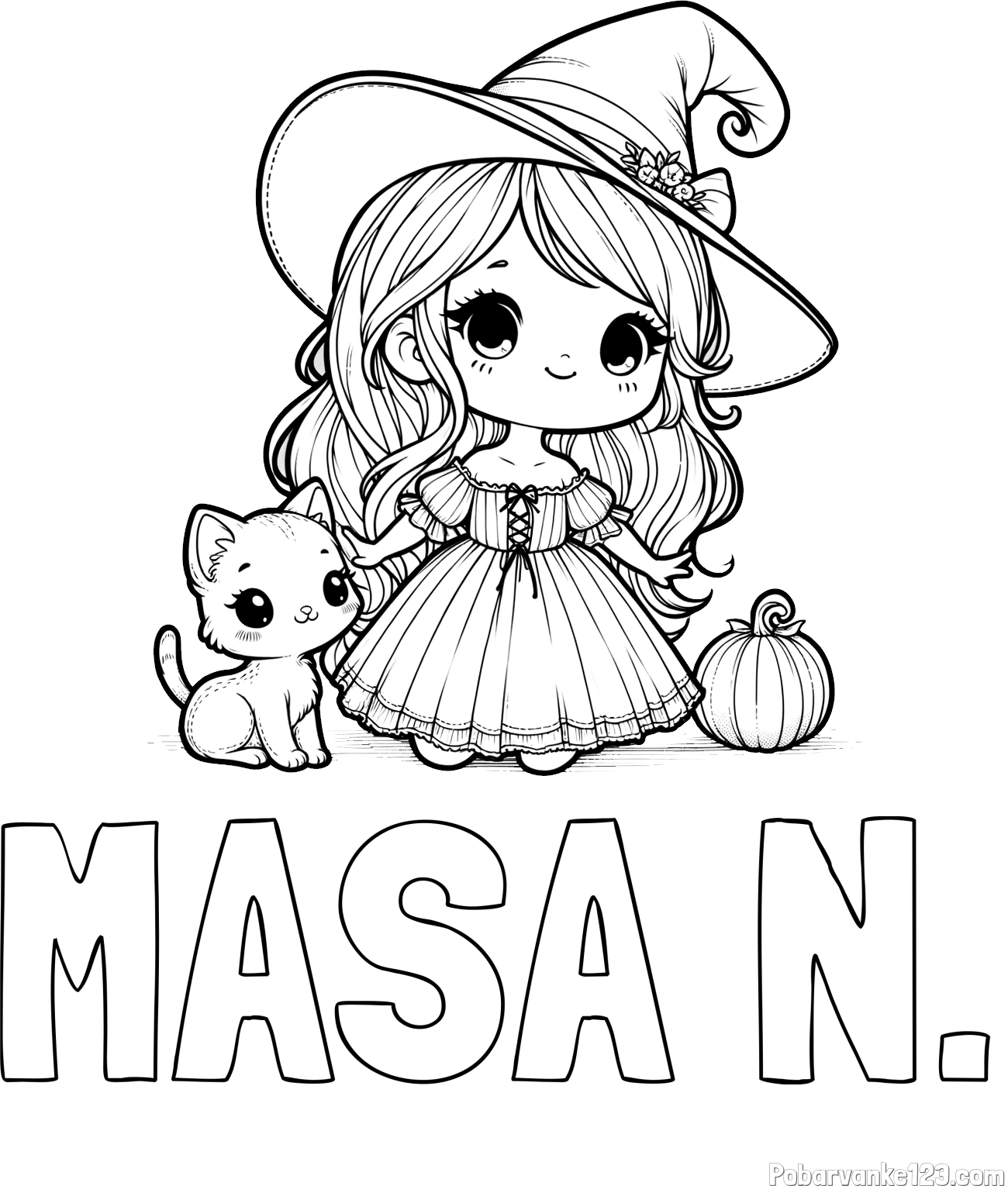 Pobarvanka imena MAŠA N. in pobarvanka ljubke čarovnice, muce in buče