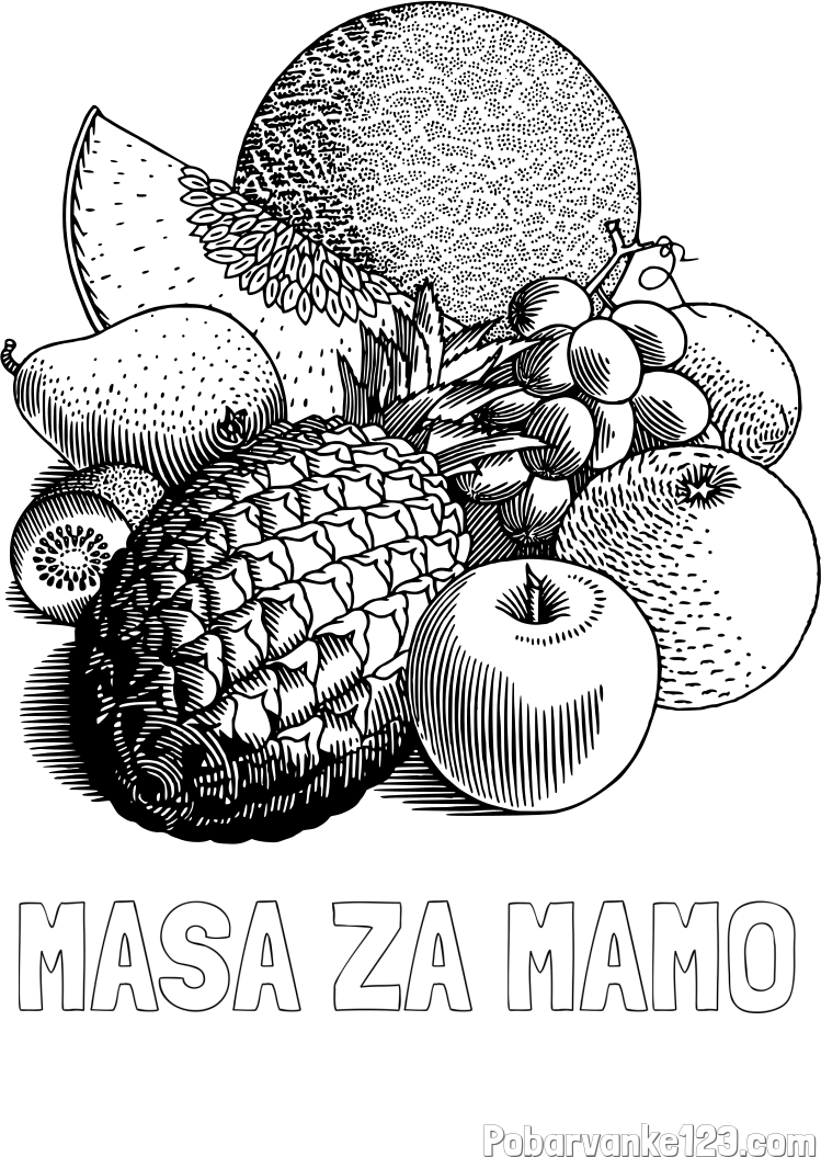 Pobarvanka imena MAŠA ZA MAMO in pobarvanka sadja (ananas, melona, jabolka, kivi, grozdje, pomaranča...)