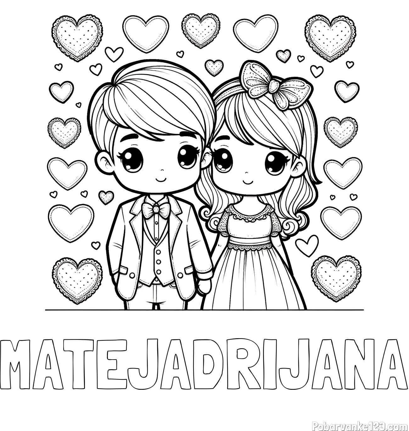 Pobarvanka imena MATEJ-ADRIJANA in pobarvanka dveh zaljubljencev s srčki