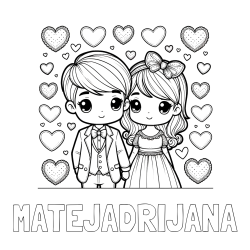 Online izdelana pobarvanka - Pobarvanka imena MATEJ-ADRIJANA in pobarvanka dveh zaljubljencev s srčki