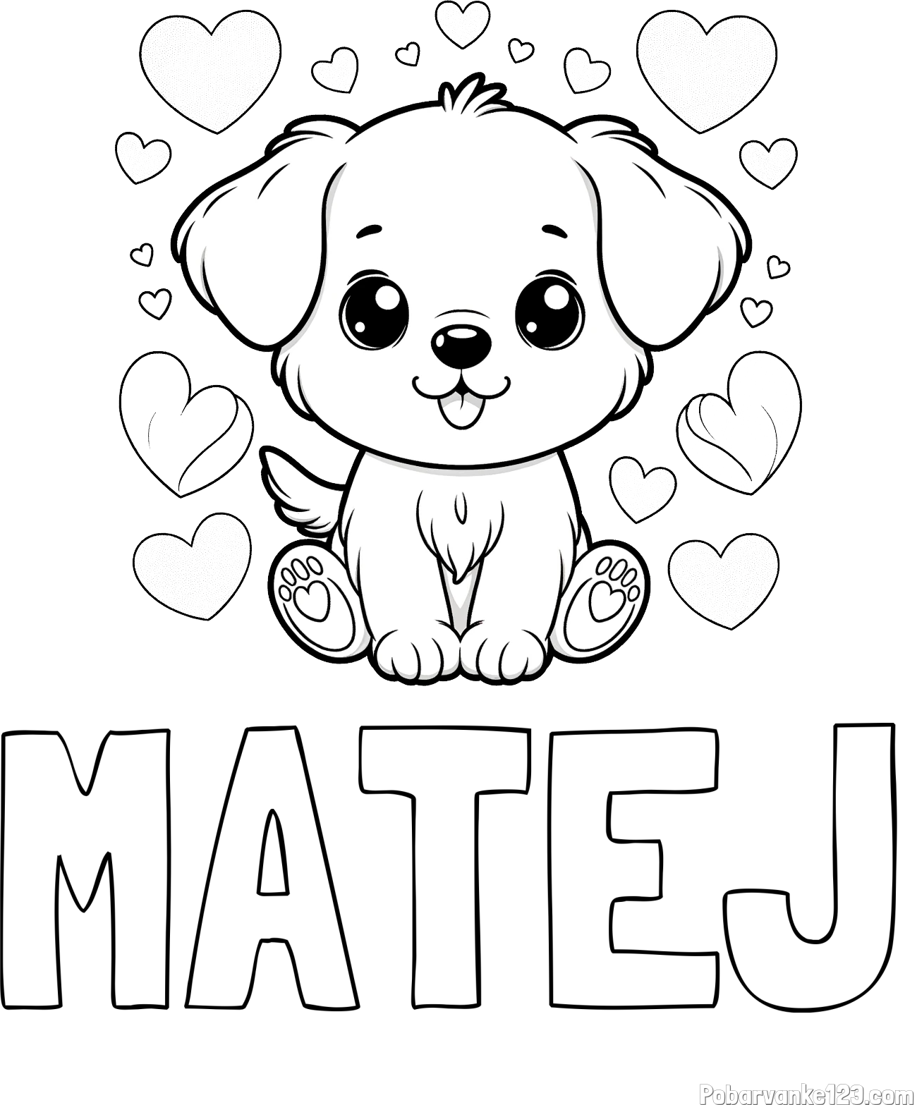 Pobarvanka imena MATEJ in pobarvanka ljubkega kužka obdanega s srčki