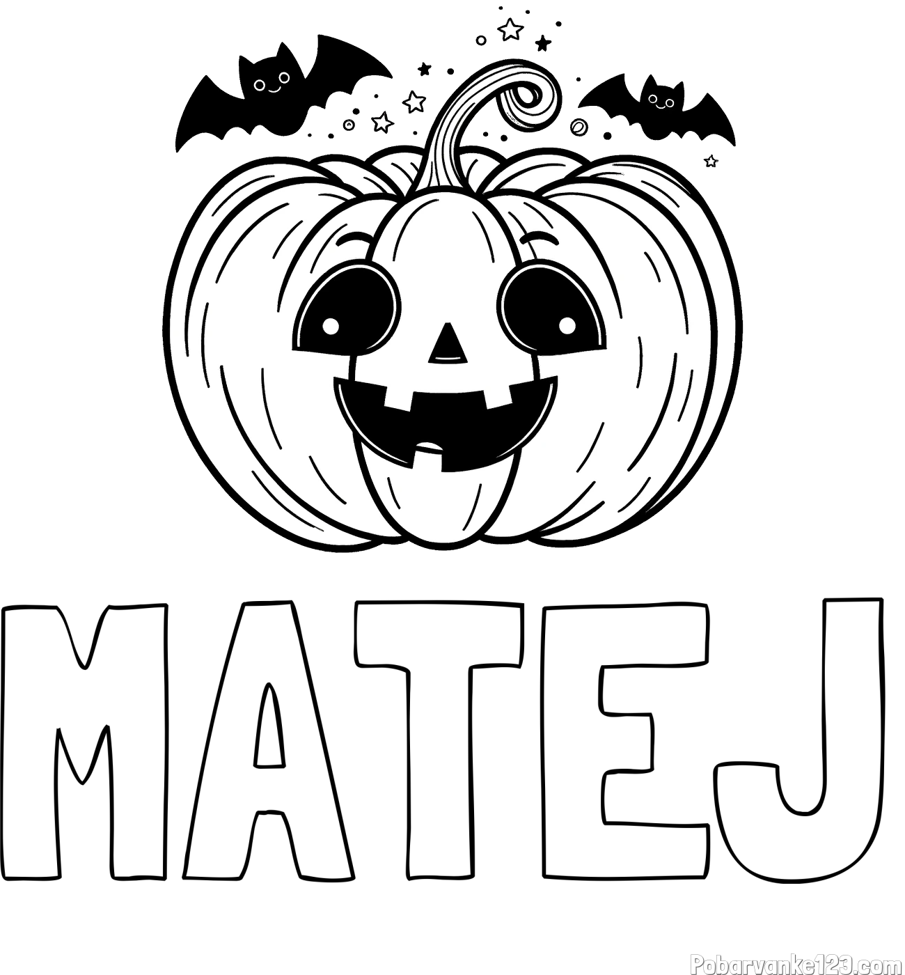 Pobarvanka imena MATEJ in pobarvanka nasmejane buče ter dveh netopirjev za noč čarovnic