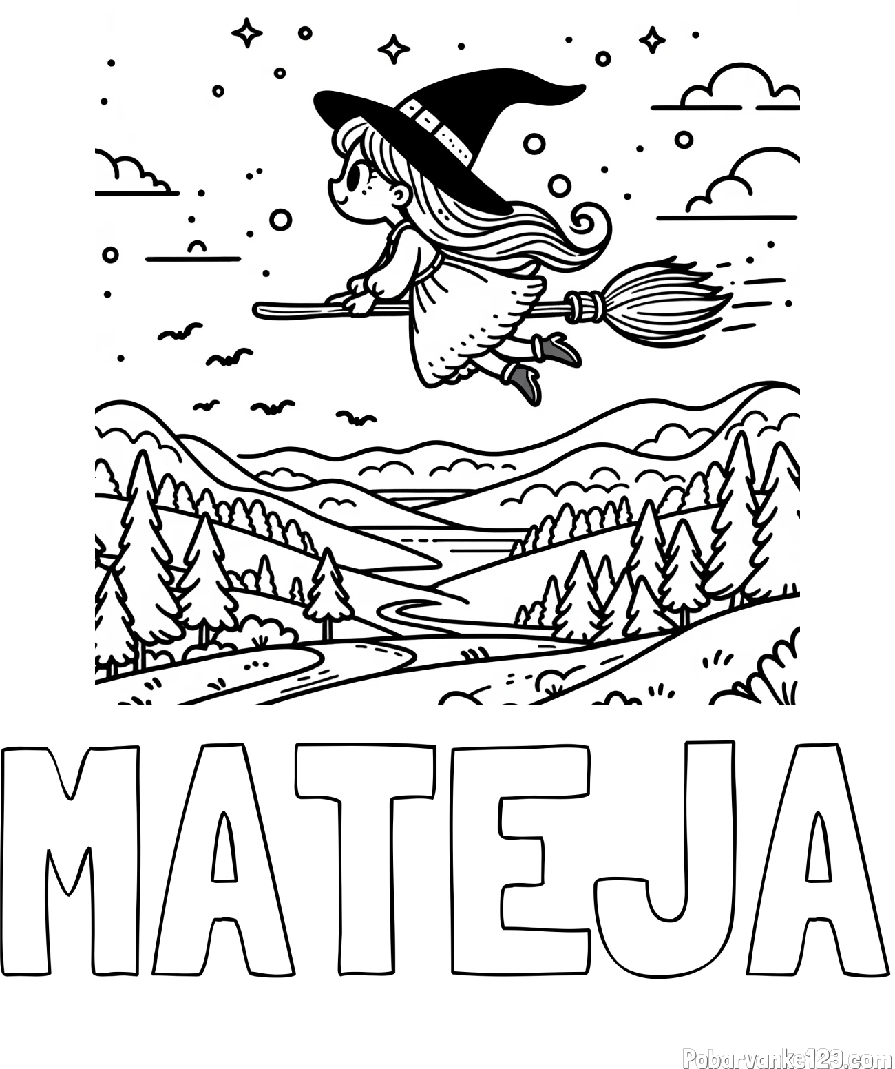 Pobarvanka imena MATEJA in pobarvanka čarovnice, ki leti na metli