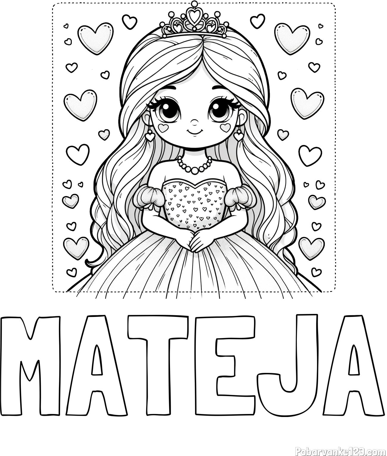 Pobarvanka imena MATEJA in pobarvanka ljubke princese obdane s srčki