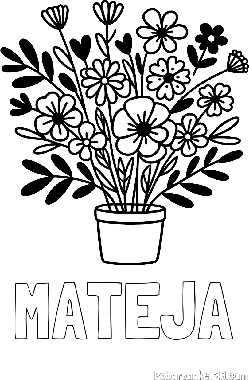 Pobarvanka imena MATEJA in pobarvanka rož v cvetličnem loncu