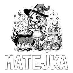 Online izdelana pobarvanka - Pobarvanka imena MATEJKA in pobarvanka prikupna čarovnica, ki pripravlja čarobni napoj