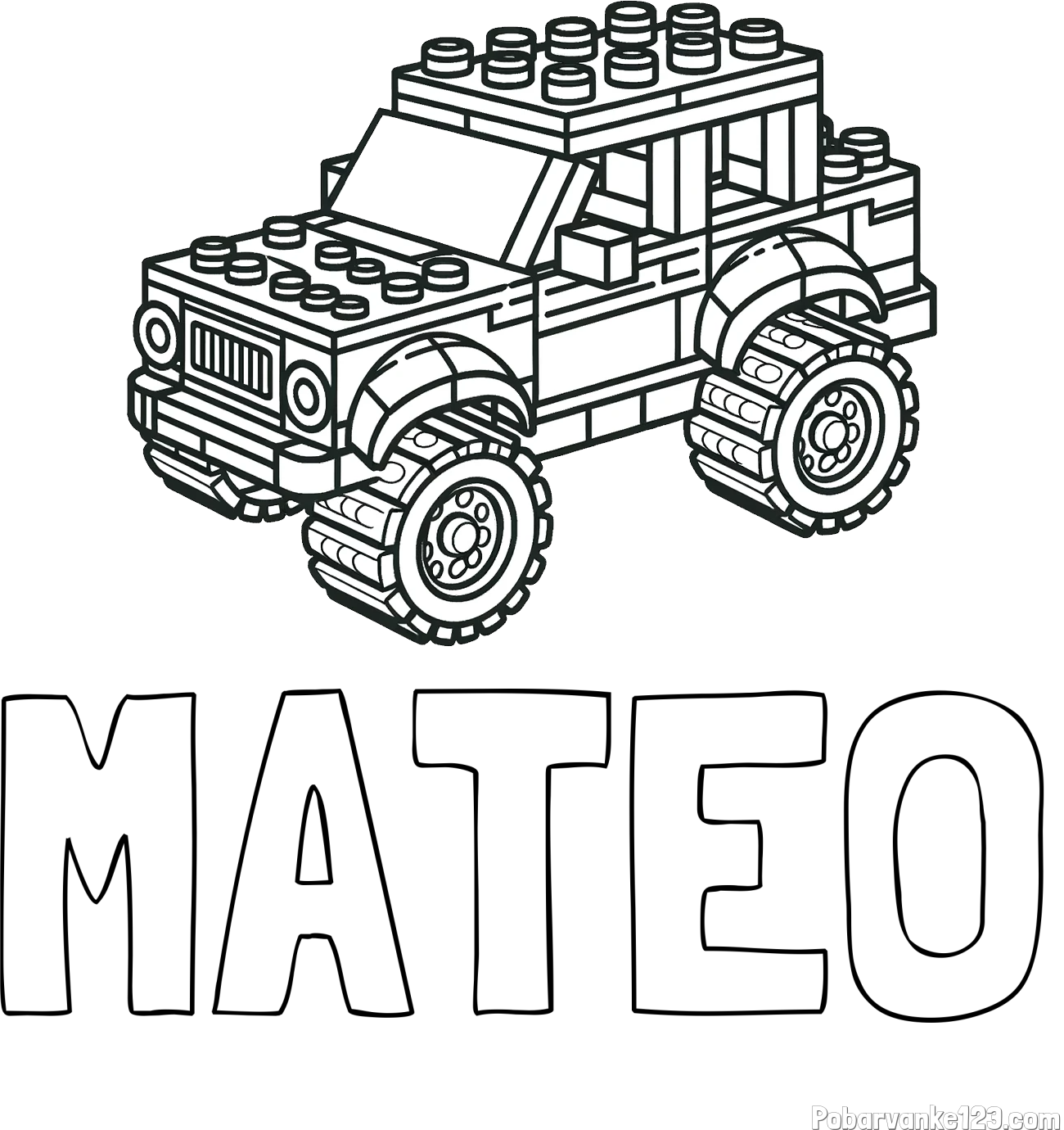 Pobarvanka imena MATEO in pobarvanka džipa sestavljenega iz LEGO kock