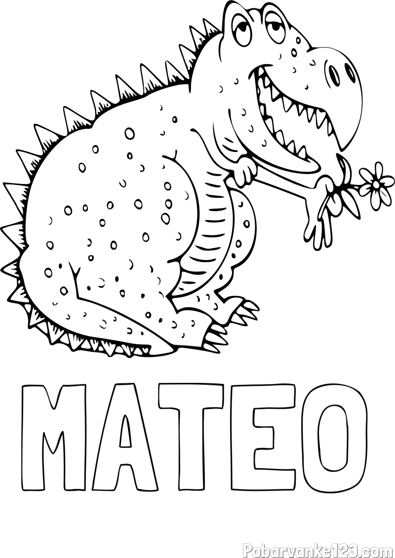 Pobarvanka imena MATEO in pobarvanka veselega dinozavra