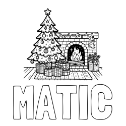 Pobarvanka imena MATIC in pobarvanka božične noči z božično smrečico, darili ter kaminom