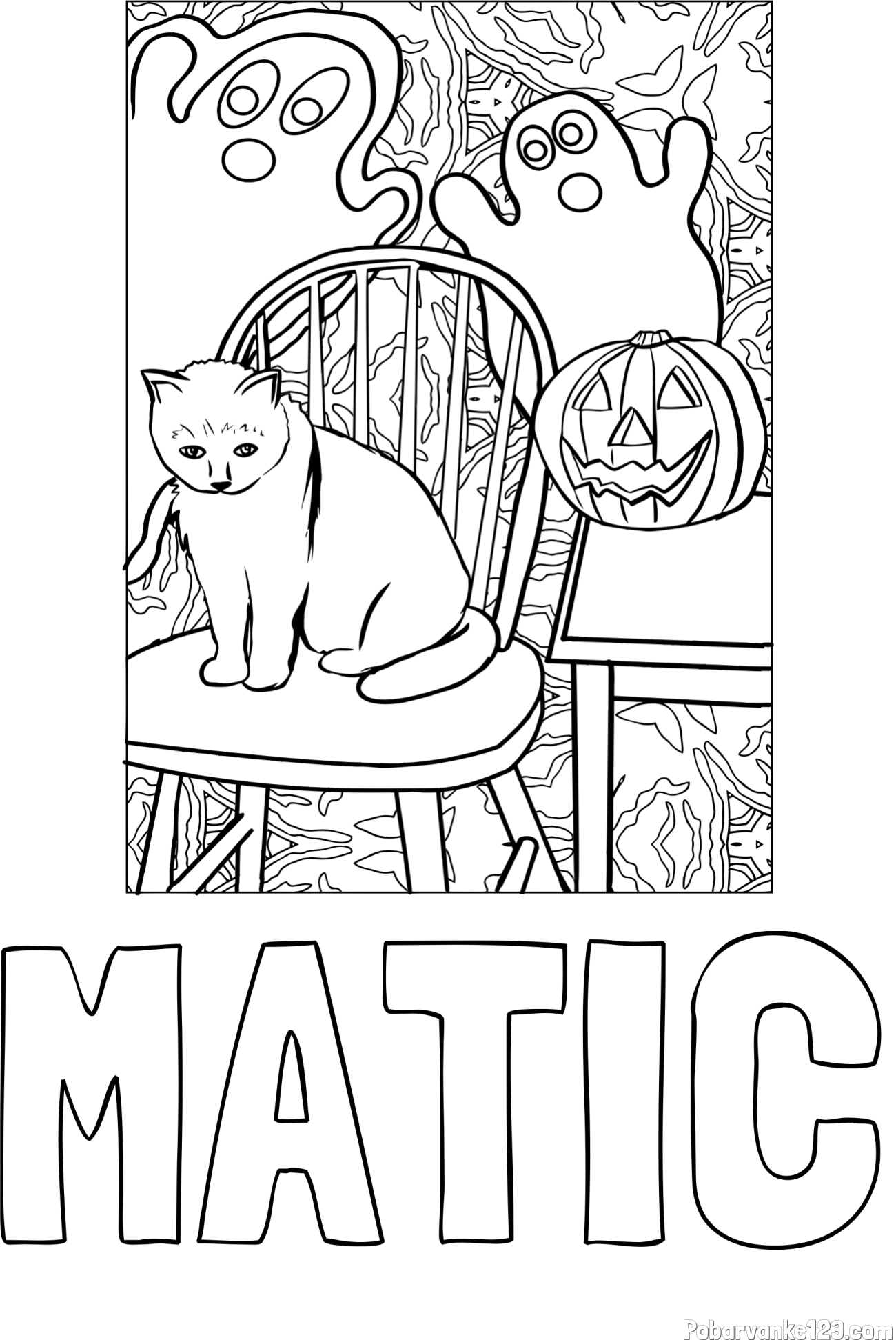 Pobarvanka imena MATIC in pobarvanka mačke, duhcev ter velike nasmejane buče za noč čarovnic