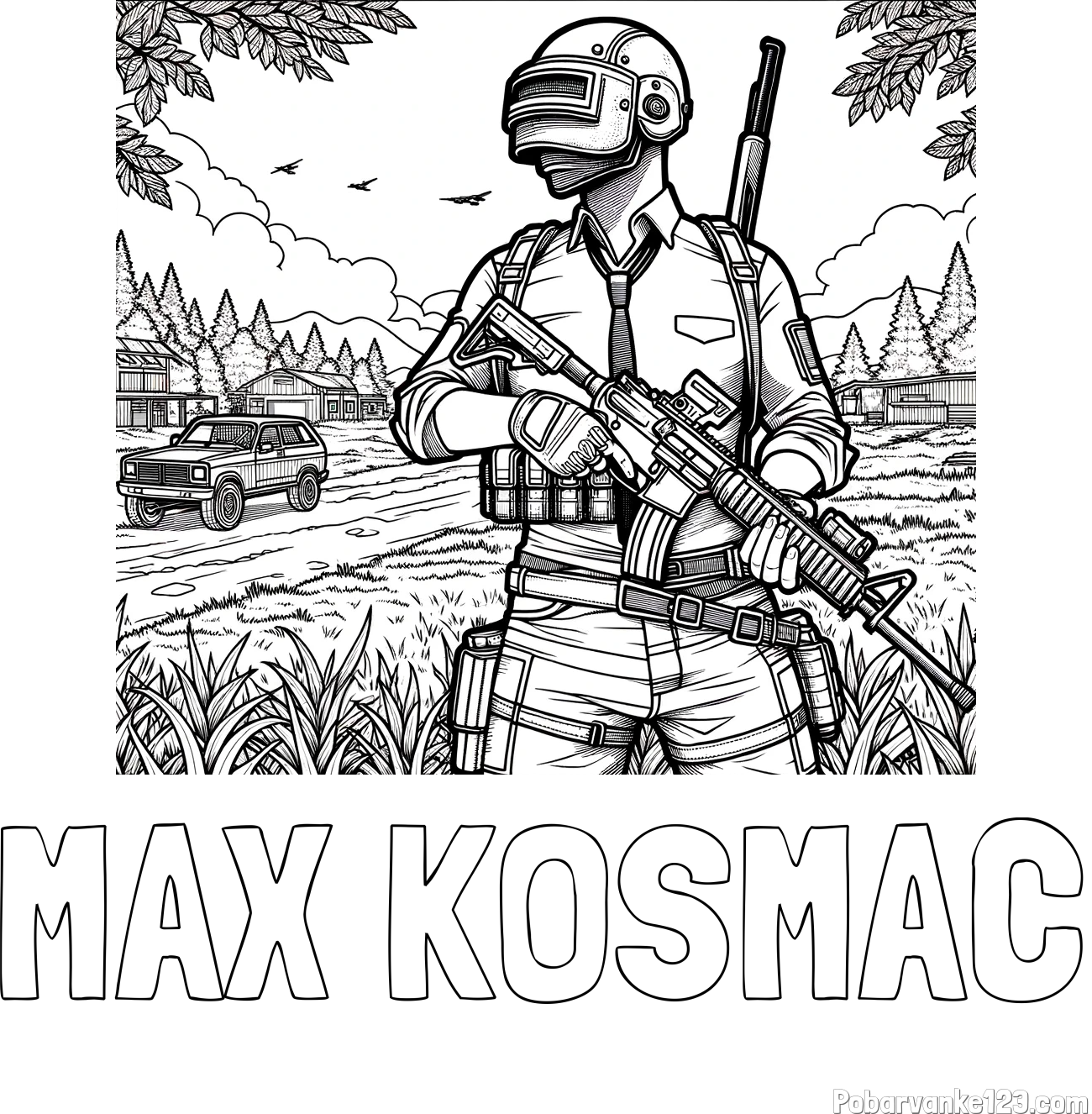 Pobarvanka imena MAX KOSMAČ in PUB pobarvanka bojišča ter osrednjega lika