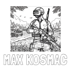 Online izdelana pobarvanka - Pobarvanka imena MAX KOSMAČ in PUB pobarvanka bojišča ter osrednjega lika