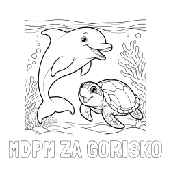 Online izdelana pobarvanka - Pobarvanka imena MDPM ZA GORIŠKO in pobarvanka ljubkega delfina z želvo v morju