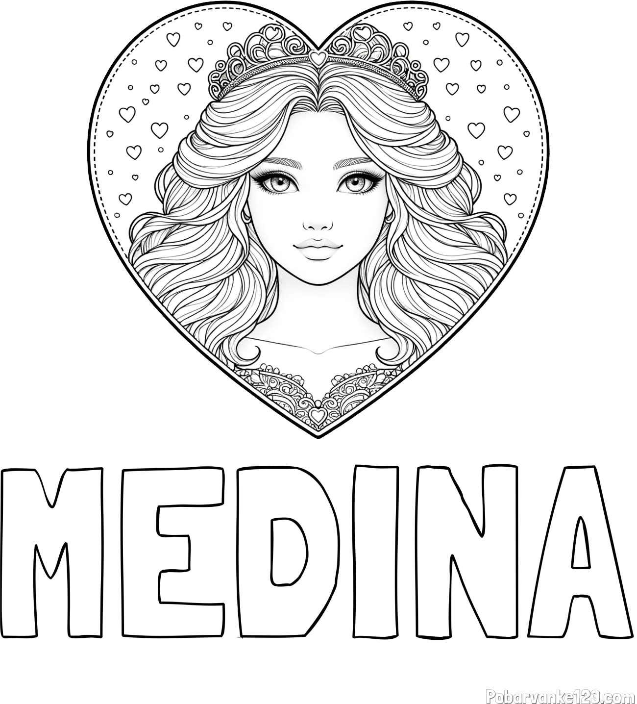 Pobarvanka imena MEDINA in pobarvanka ljubke princese v srčku